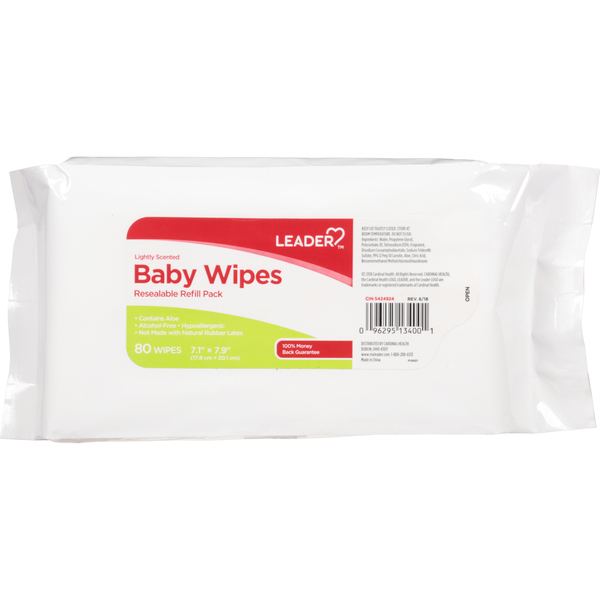 Image for Leader Baby Wipes, Lightly Scented, Resealable, Refill Pack, 80ea from MOUNTAIN GROVE PHARMACY